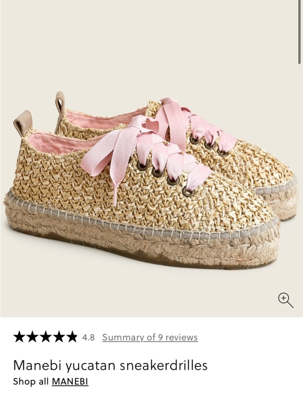 J Crew Manebi Yucatan Woven Espadrille Sneakers in Natural with Pink Laces